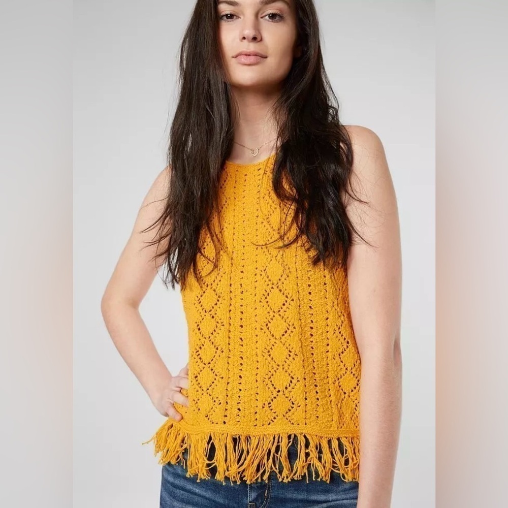 Miss Me Women’s Crochet Knit Fringe Open Weave Boho Tank Top Size L